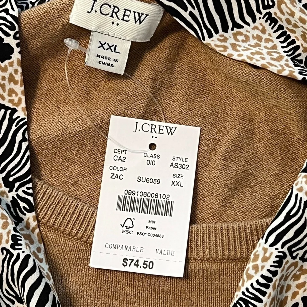 J. Crew Camel Brown Sweater with Zebra Print Attached Scarf new with tags